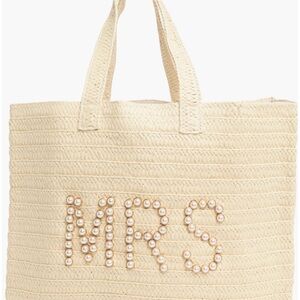 Pearl-Accent Cream Straw Tote Bag